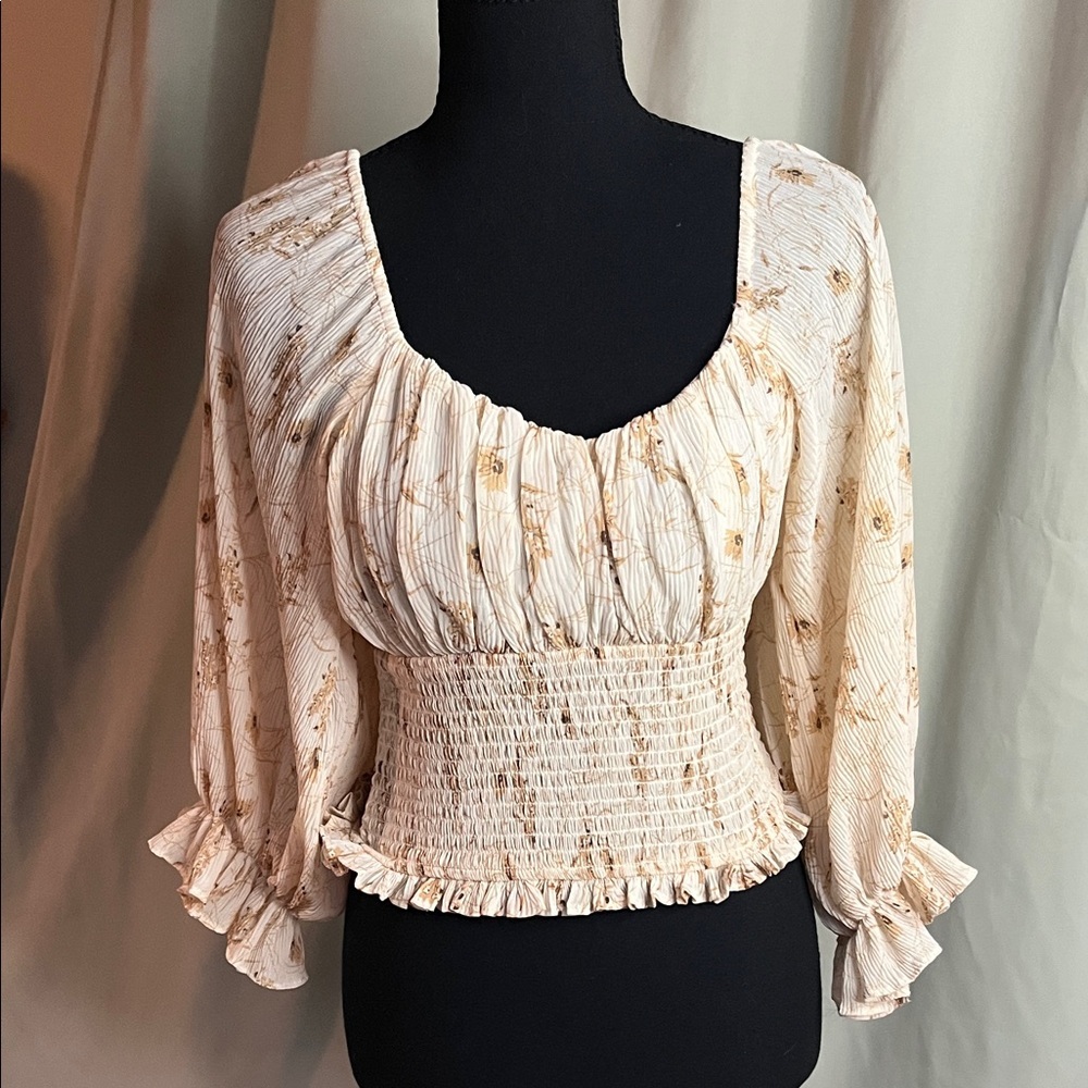 Grade & Gather Cream Floral Blouse with Smocked Waist
